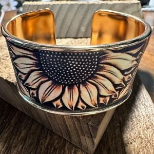Boho Western Retro Sunflower Wide Cuff Bangle Bracelet, Floral Open Bangle, Gif